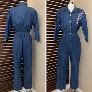 1980s 80sVintage Denim Blue Pink Embroidered Silver Stud Button Jumpsuit